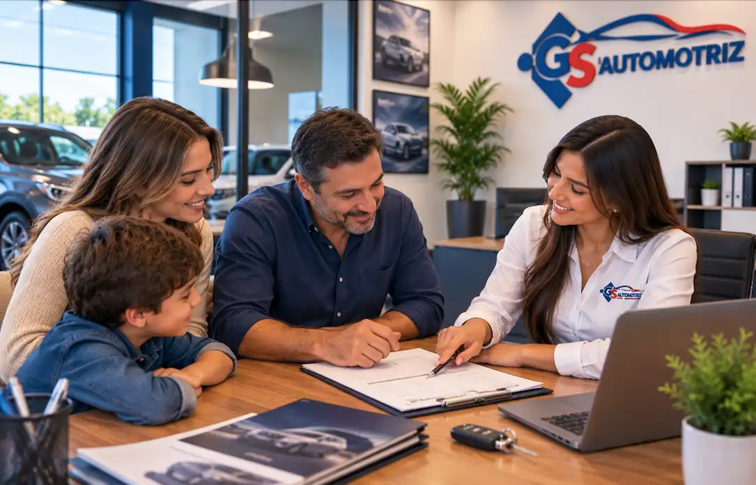 Familia revisando documentación de compra con GS Automotriz